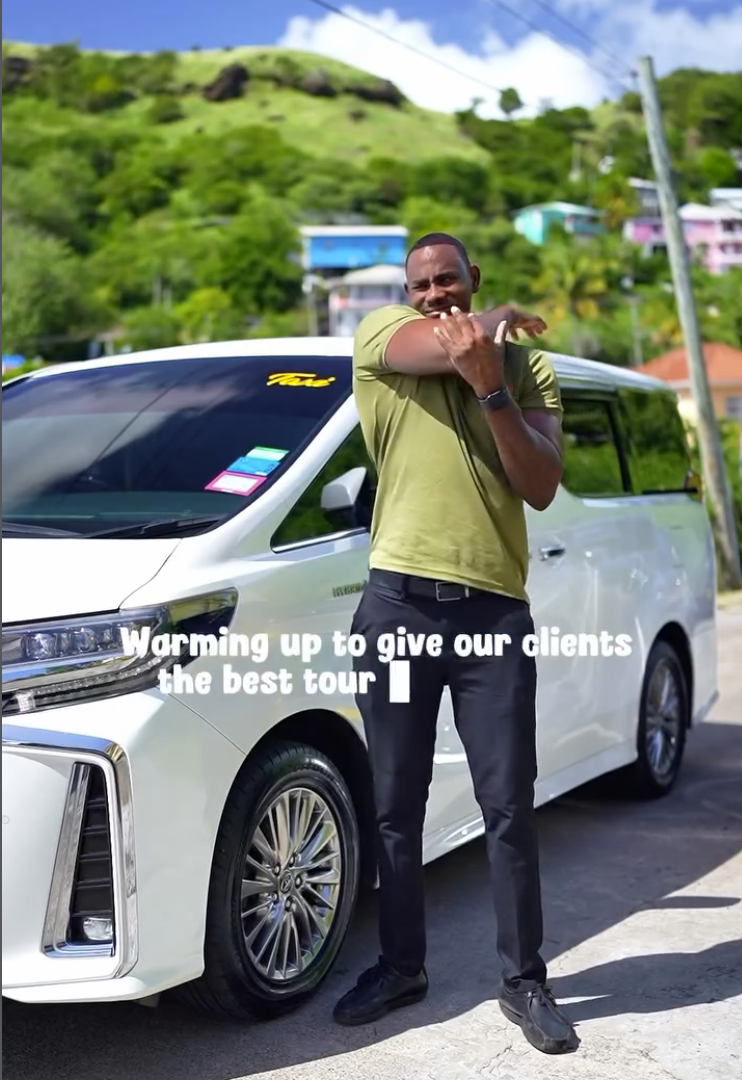 Ace Ventura Taxi & Tours vehicle and island scenery in Grenada