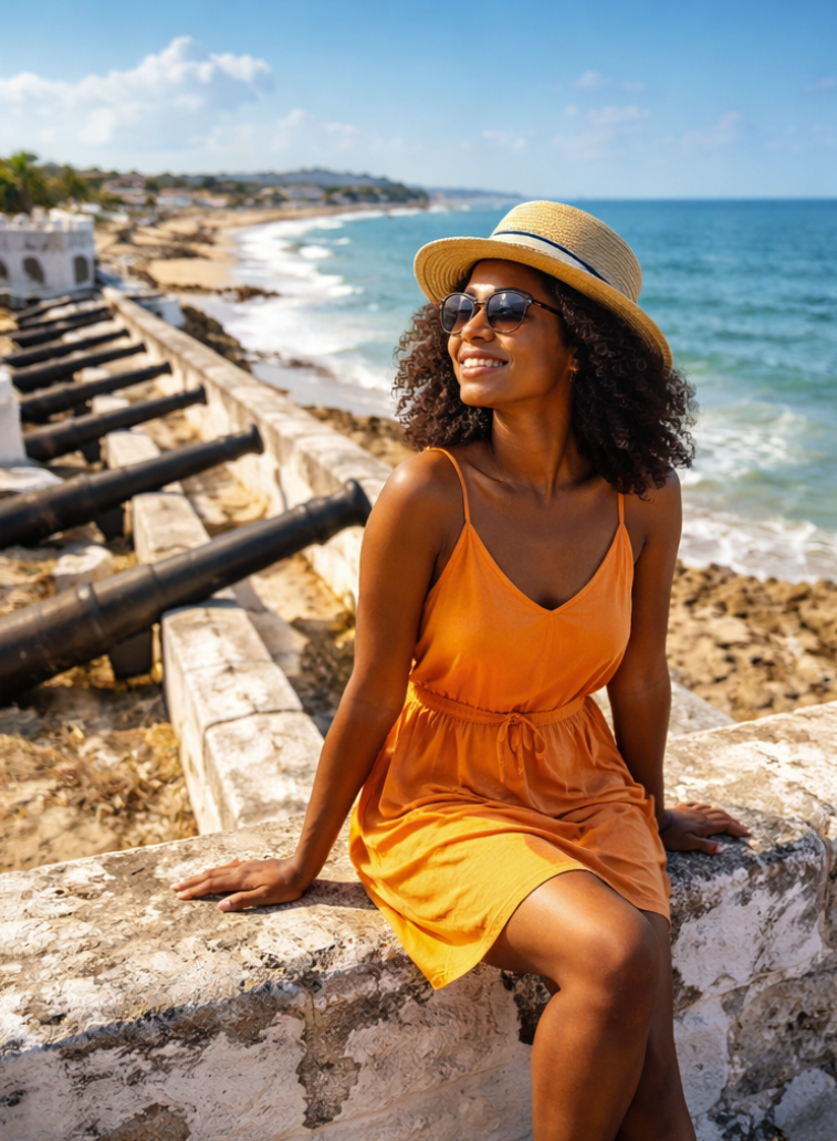Traveler at Cape Coast Castle in Ghana overlooking the Atlantic Ocean