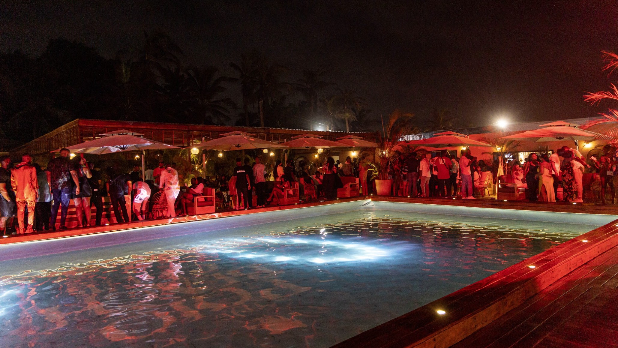 Nighttime party scene at Polo Beach Club in Accra