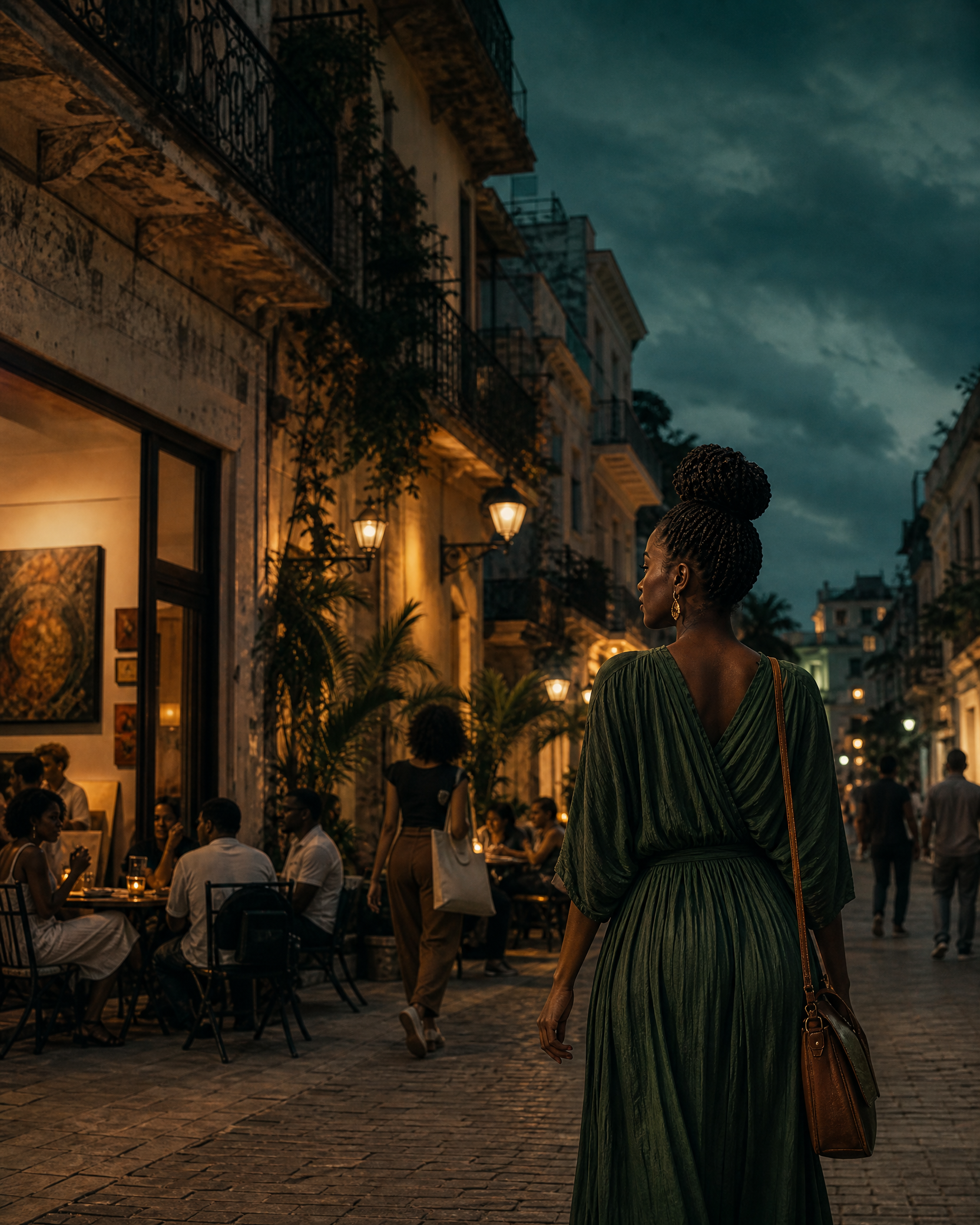 A vibrant coastal city at blue hour
