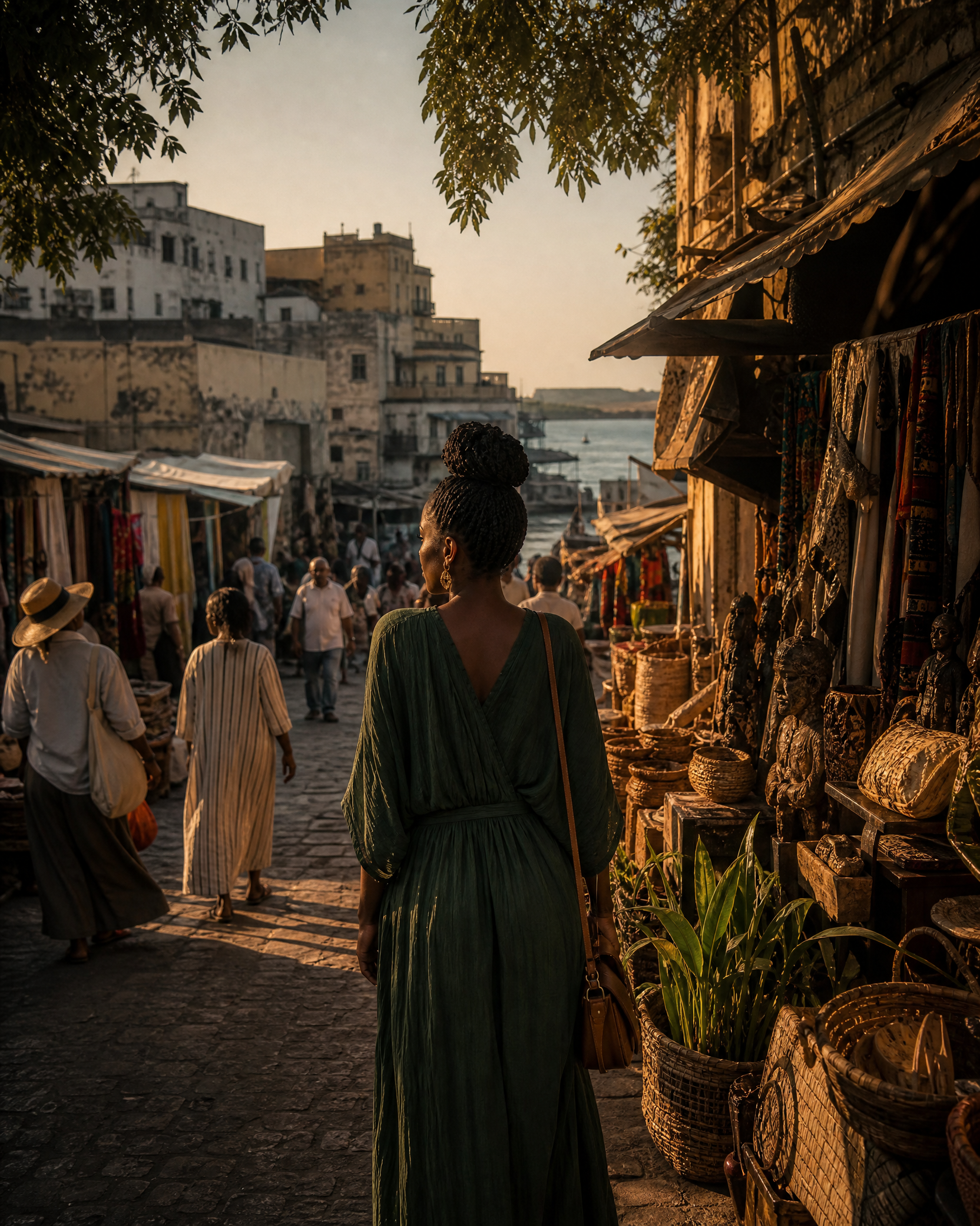 Travelers exploring a local artisan market with a guide