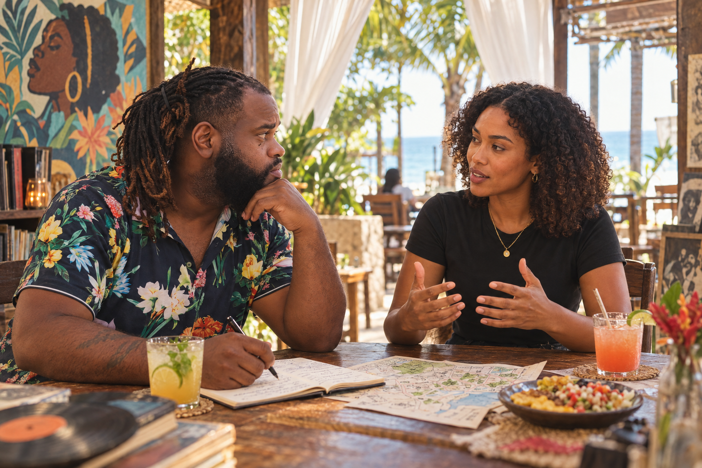 Two travelers in conversation at a café with a map and notebook